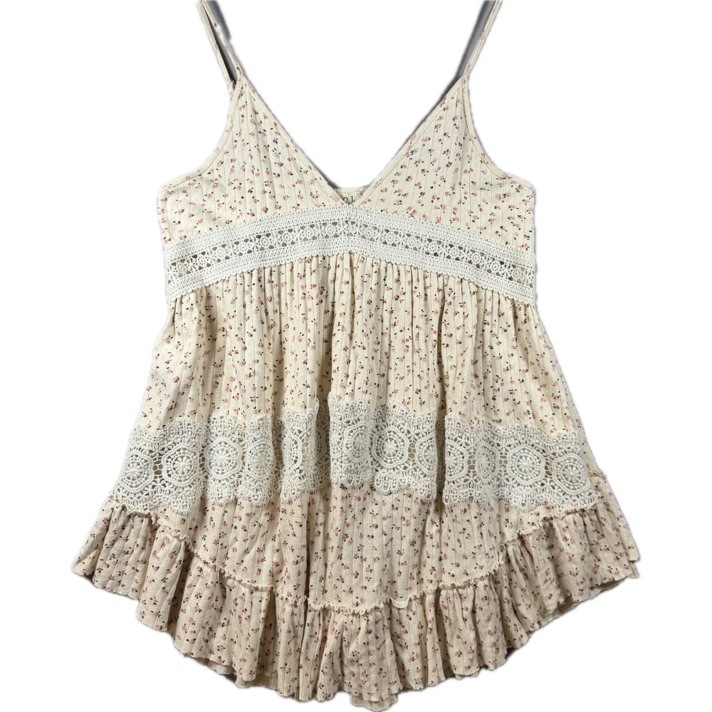 POL Cami Top Women Medium Ivory Floral Crochet Lace Trim Babydoll Ruffle Hem